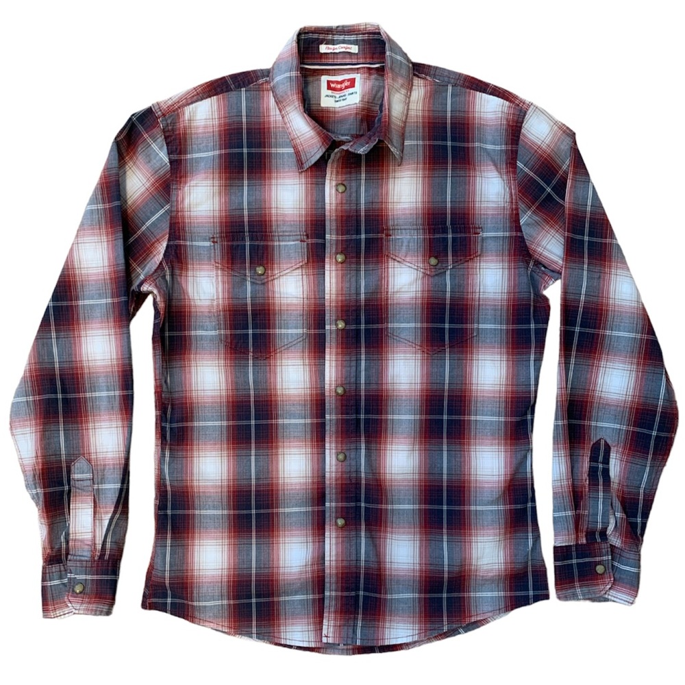 Wrangler Button Up Shirt Long Sleeve Mens Size Medium Plaid Pearl Snap Cotton